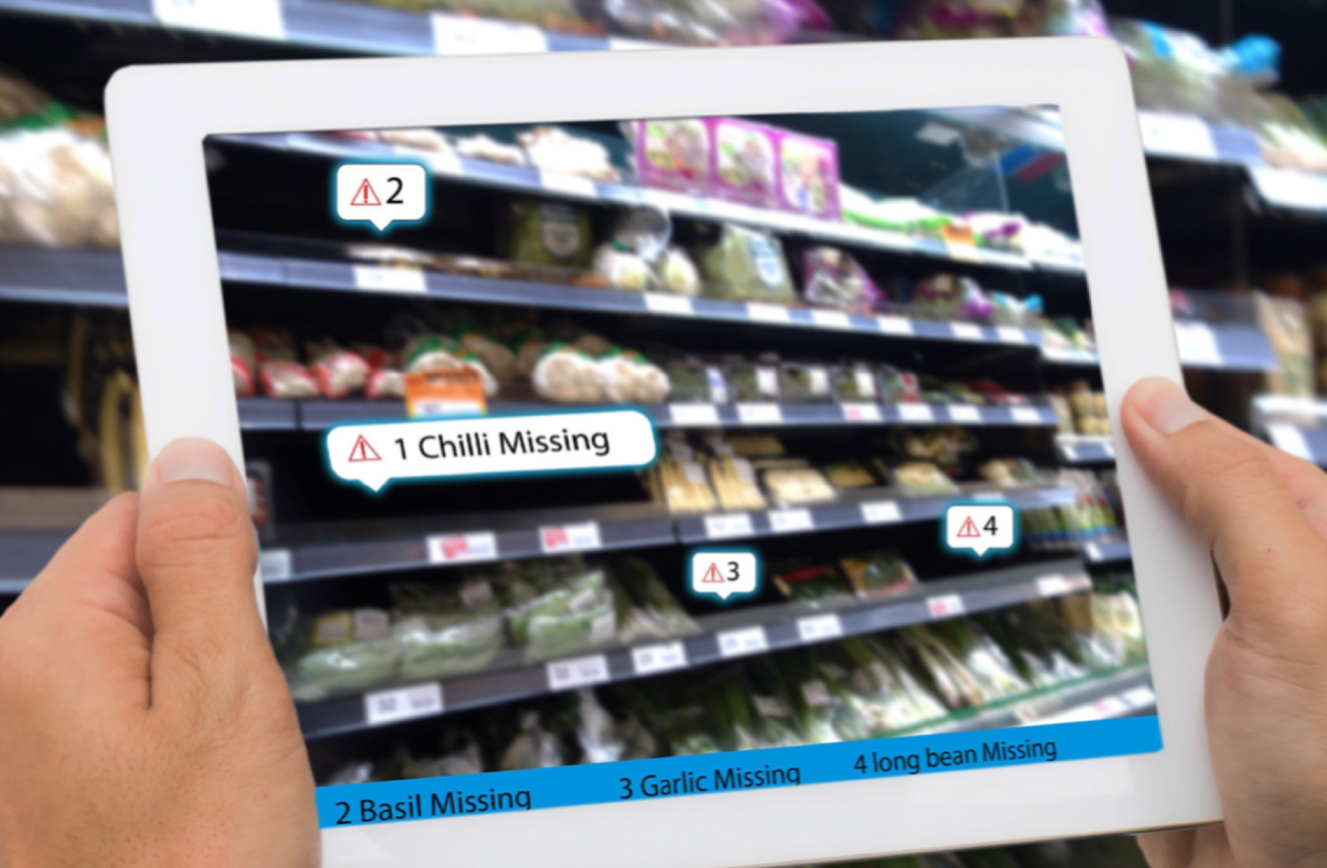Augmented reality experience on tablet in a grocery store shows shoppers which products are unavailable.